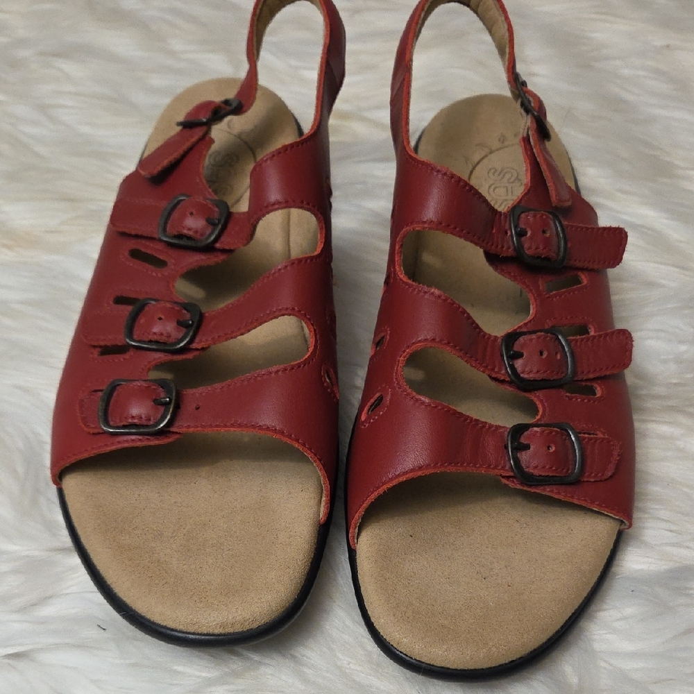 SAS Red Leather Sandals with Adjustable Buckle Straps. Like New